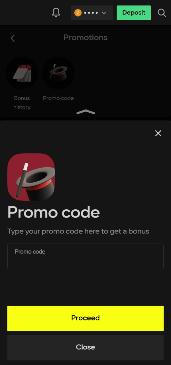 Input a valid code to unlock special Parimatch Bonuses rewards.
