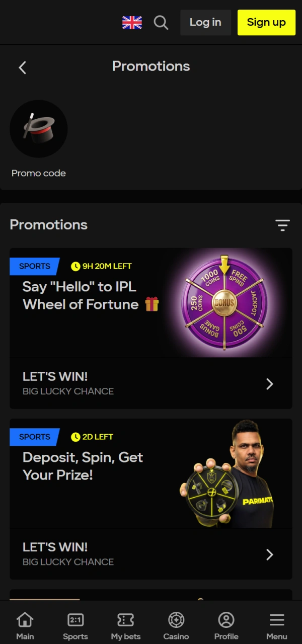 Claim exclusive rewards and promotions through the Parimatch Interface.