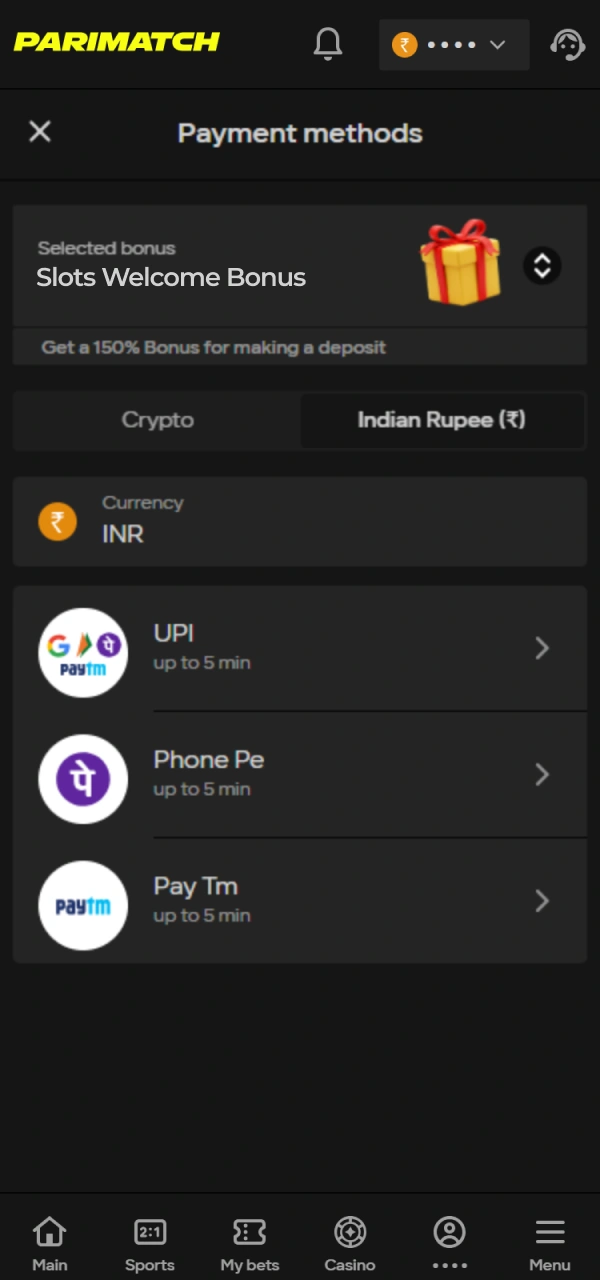 Fund your balance to play real money Parimatch Casino games.