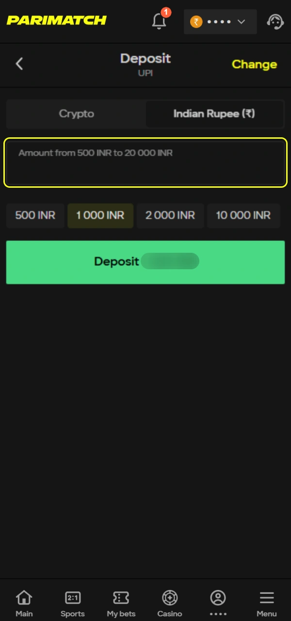 Specify the INR value for your official Parimatch India deposit.