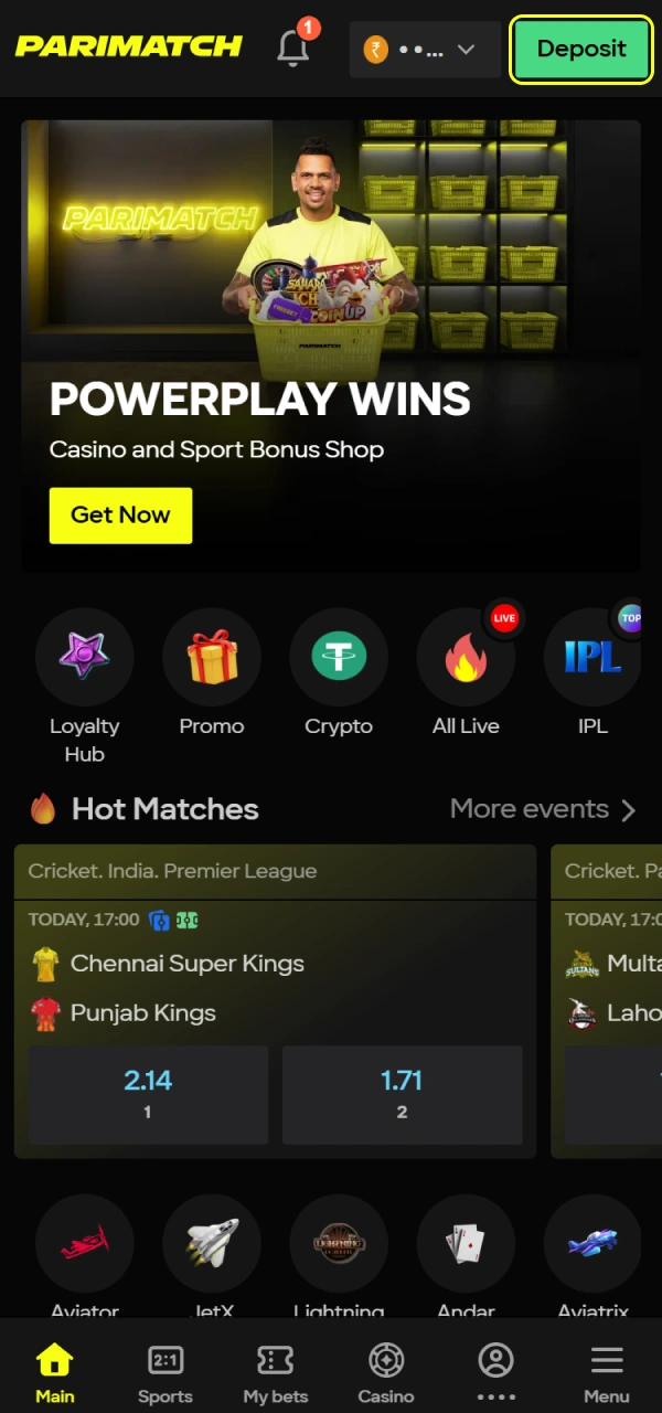 Find the payment area to initiate your Parimatch India deposit.