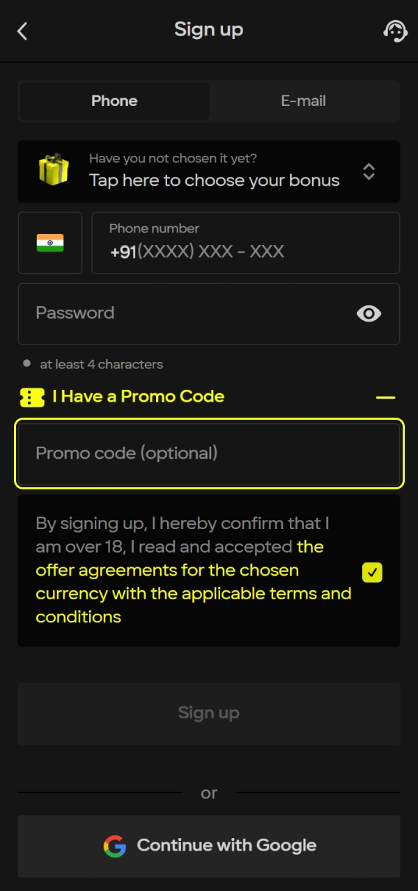 Use a valid code during your Sign Up on Parimatch for extra rewards.