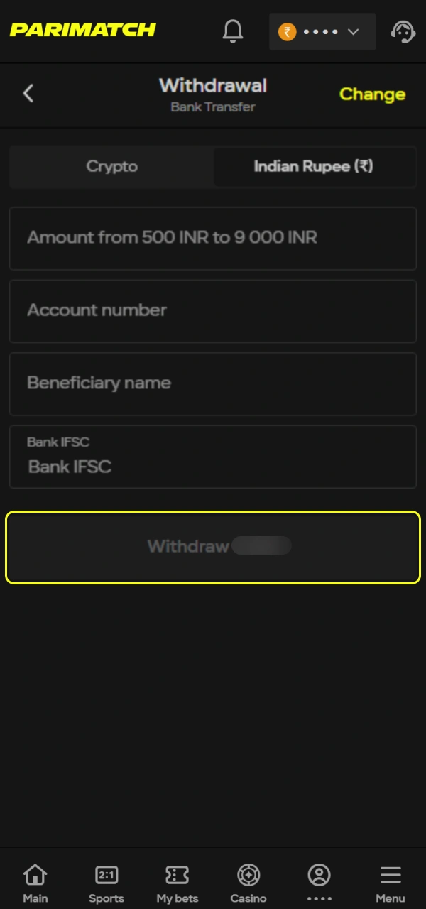 Finalize your Parimatch India withdrawal application for processing.